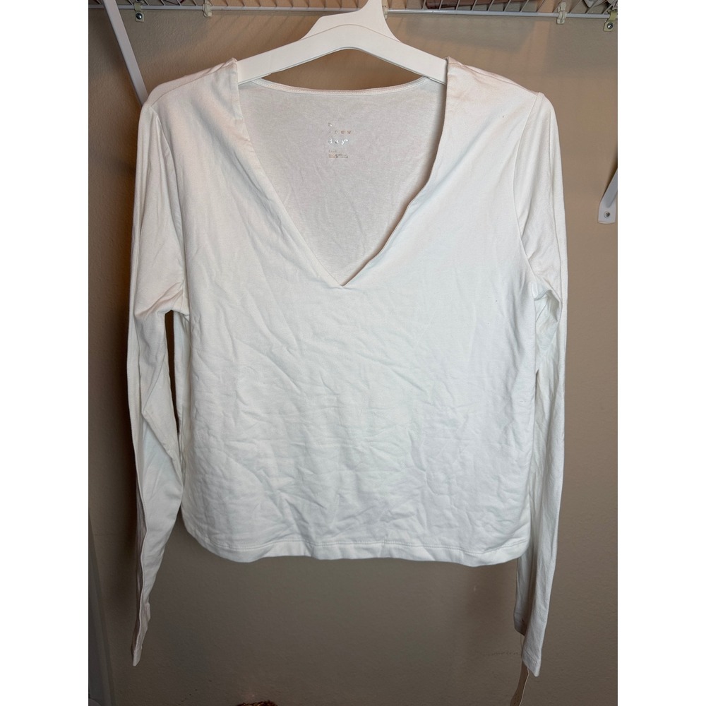 A New Day Womens White Long Sleeve V-Neck Cropped T-Shirt Size Large